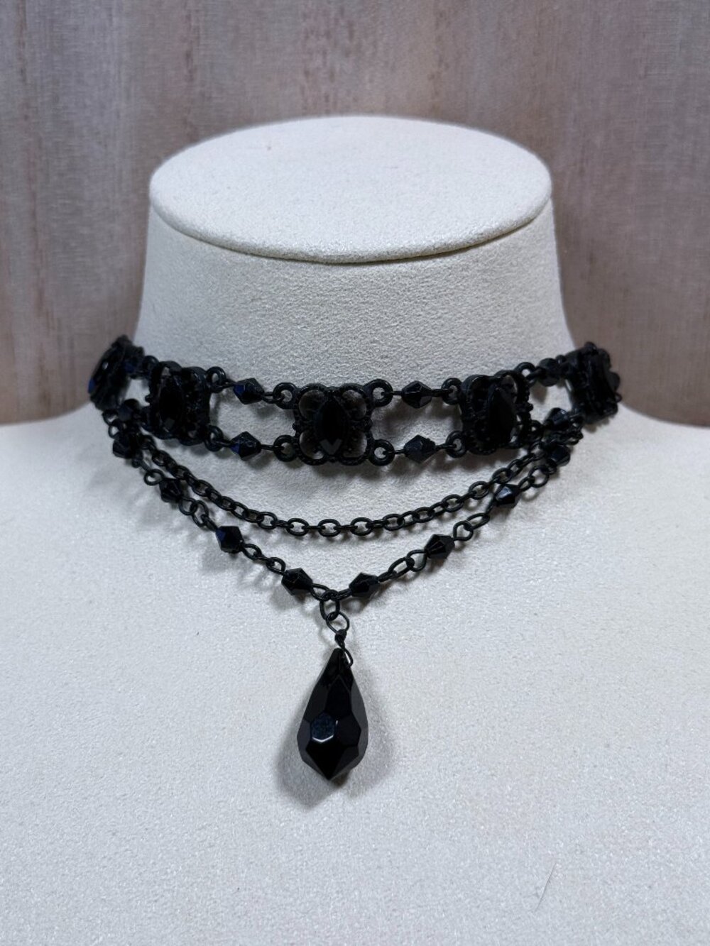 Claire's Gothic Victorian Black Beaded Choker Necklace with Teardrop Pendant